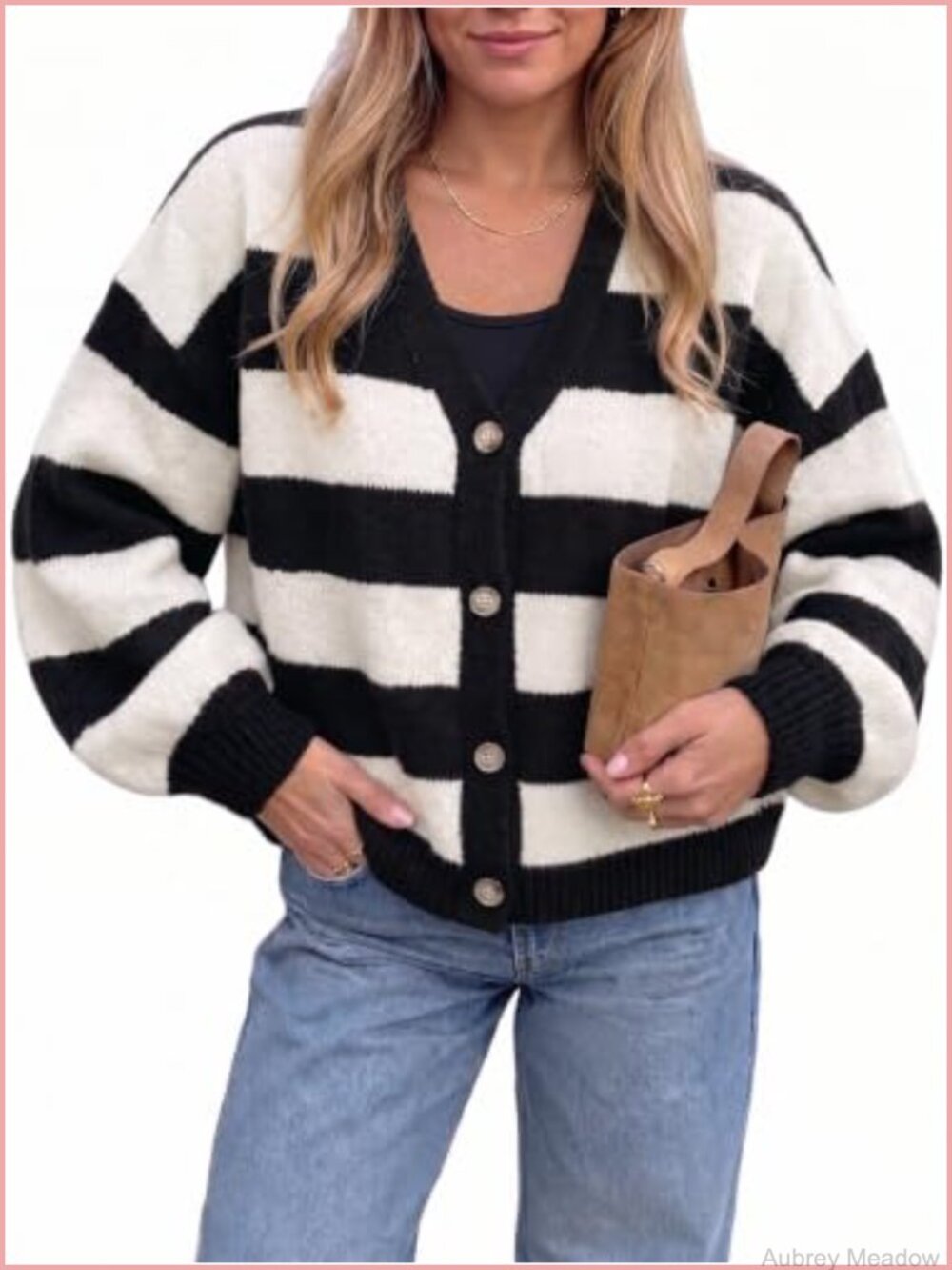 Oversized Striped Button Down Cardigan with Scarf Lantern Sleeve